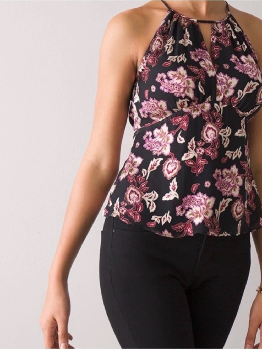 White House Black Market Black Silk Burnout Floral Halter Neck Top